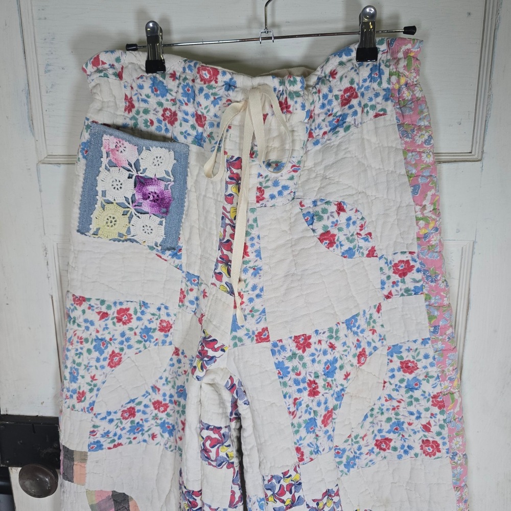 Handmade upcycled vintage quilt pants with embroidered doilie‎ pockets OS - Picture 2 of 9